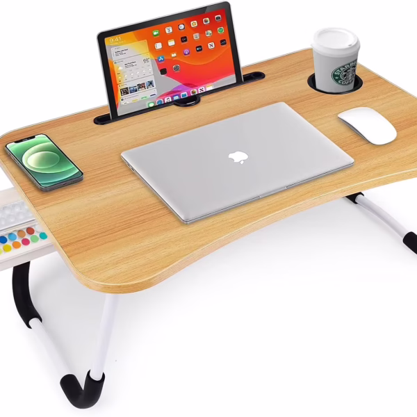 Foldable Wooden Laptop Table with Cup Holder & Phone Slot